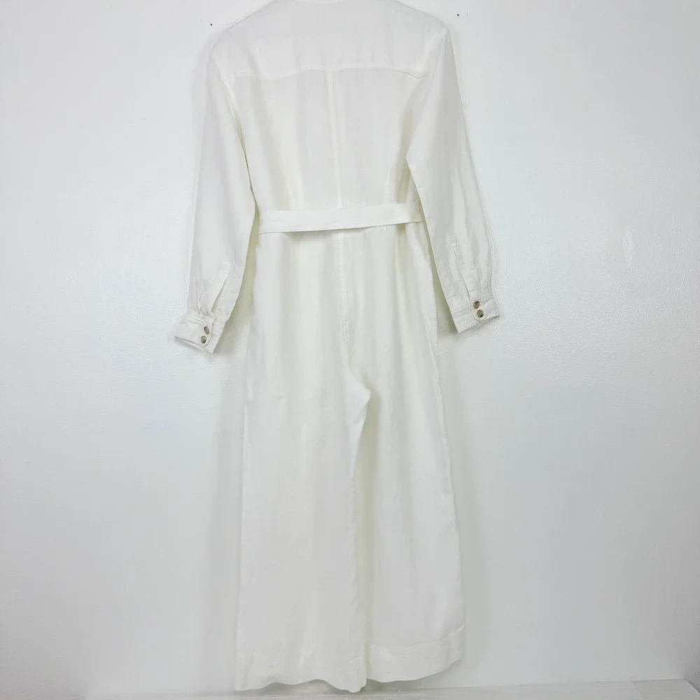 Banana Republic Utility Jumpsuit Womens S White Linen Blend Belted Wide Leg
